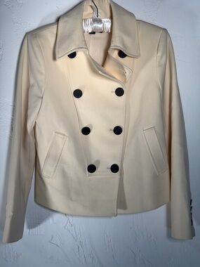 Ann Taylor Cream Double-Breasted Crop Blazer with Black Buttons- Quality 4P